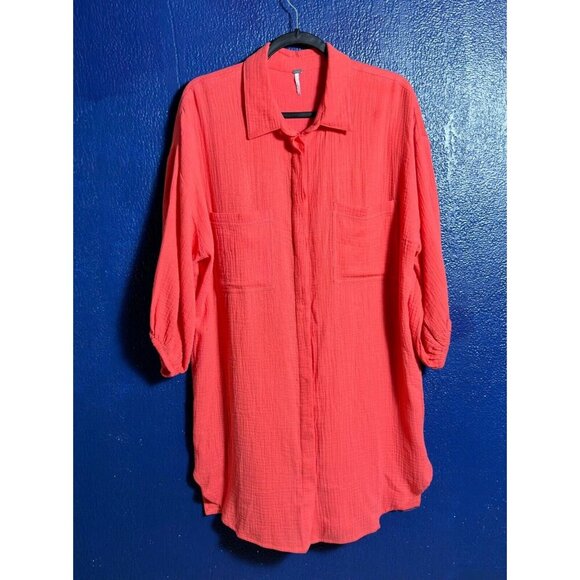 YFB Coral Gauze Button Down Shirt Dress Oversized Boho Beach Casual Travel - Picture 1 of 10